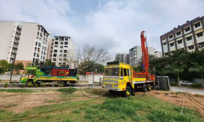 A big truck with industrial borewell drilling equipment is ready for borewell drilling services.