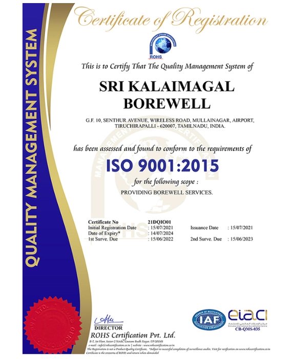 Sri Kalaimagal Borewell Company, which delivers the best borewell services, got an ISO certificate.